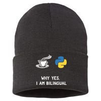 Funny Python Java Programmer Bilingual Coder Gift Tee Sustainable Knit Beanie