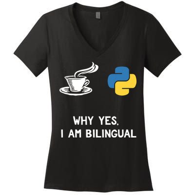Funny Python Java Programmer Bilingual Coder Gift Tee Women's V-Neck T-Shirt