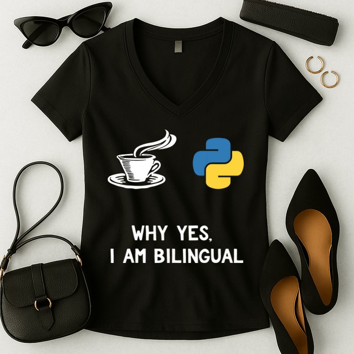 Funny Python Java Programmer Bilingual Coder Gift Tee Women's V-Neck T-Shirt