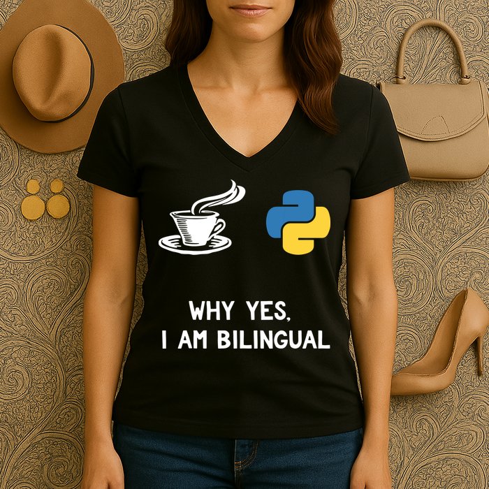 Funny Python Java Programmer Bilingual Coder Gift Tee Women's V-Neck T-Shirt