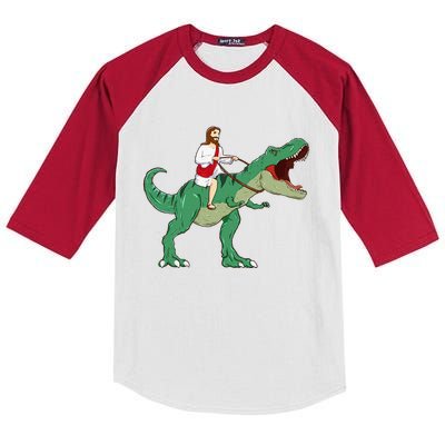 Funny Parody Jesus Riding Dinosaur Meme Dino Lover Believer Kids Colorblock Raglan Jersey