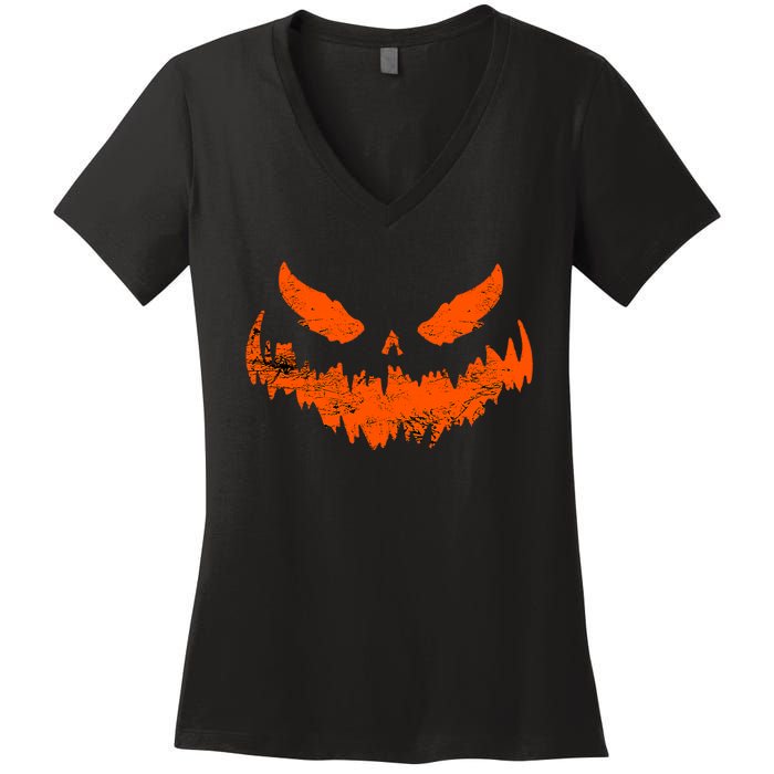 Funny Pumpkin Jack O Lantern Scary Pumpkin Face Halloween Women's V-Neck T-Shirt