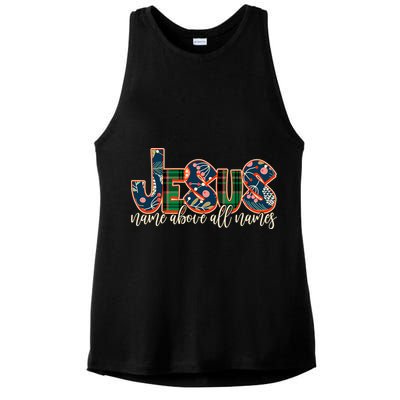 Festive Patten Jesus Name Above All Names Ladies PosiCharge Tri-Blend Wicking Tank