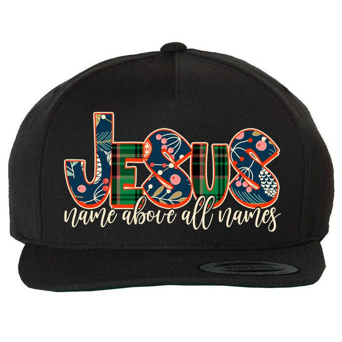 Festive Patten Jesus Name Above All Names Wool Snapback Cap