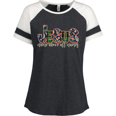 Festive Patten Jesus Name Above All Names Enza Ladies Jersey Colorblock Tee