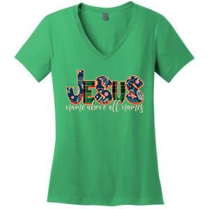 Festive Patten Jesus Name Above All Names Women's V-Neck T-Shirt