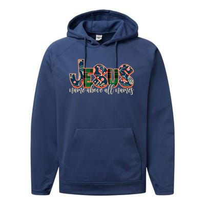 Festive Patten Jesus Name Above All Names Performance Fleece Hoodie