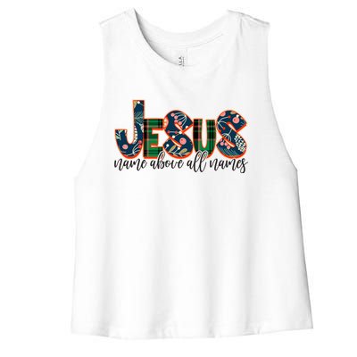 Festive Patten Jesus Name Above All Names Women's Racerback Cropped Tank