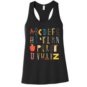 Funny Pre K Kindergarten Hi Alphabet Back To School Teachers Women's Racerback Tank