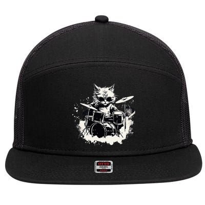 Funny Punk Kitten Kitty Cat Drummer Playing Drums 7 Panel Mesh Trucker Snapback Hat