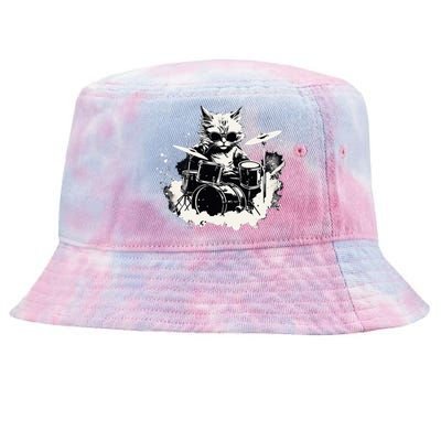 Funny Punk Kitten Kitty Cat Drummer Playing Drums Tie-Dyed Bucket Hat