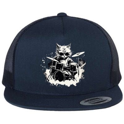 Funny Punk Kitten Kitty Cat Drummer Playing Drums Flat Bill Trucker Hat