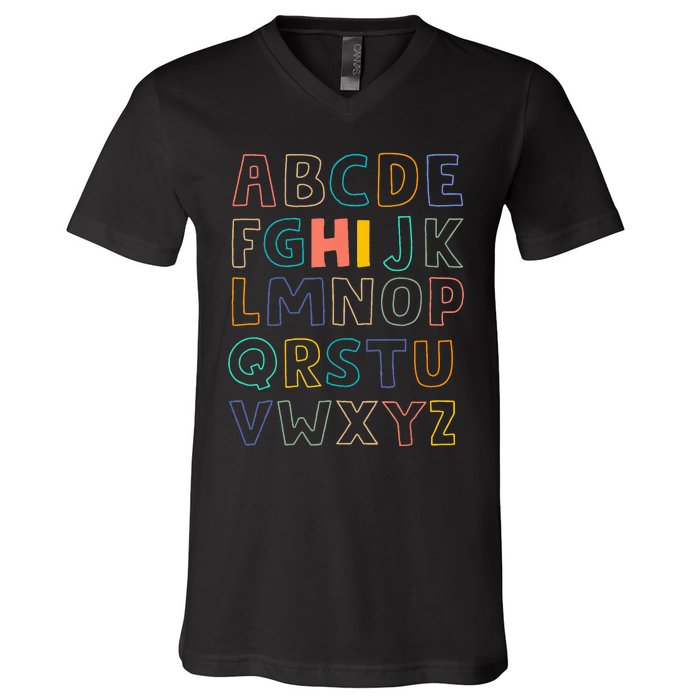 Funny Pre K Kindergarten Hi Alphabet Back To School Teachers V-Neck T-Shirt