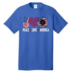 Funny Peace Love America Sunflower American Flag 4th Of July Cool Gift Tall T-Shirt