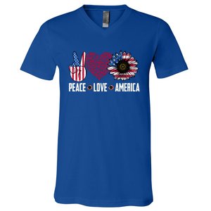 Funny Peace Love America Sunflower American Flag 4th Of July Cool Gift V-Neck T-Shirt