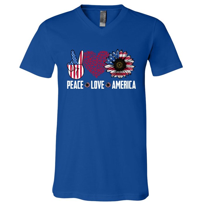 Funny Peace Love America Sunflower American Flag 4th Of July Cool Gift V-Neck T-Shirt