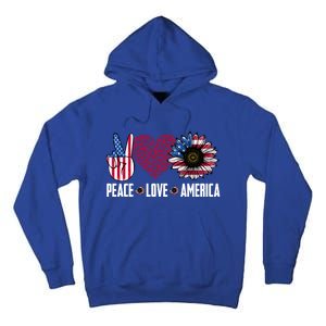 Funny Peace Love America Sunflower American Flag 4th Of July Cool Gift Tall Hoodie