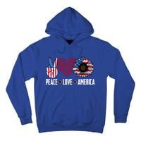 Funny Peace Love America Sunflower American Flag 4th Of July Cool Gift Tall Hoodie