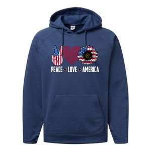 Funny Peace Love America Sunflower American Flag 4th Of July Cool Gift Performance Fleece Hoodie