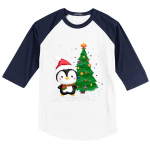 Funny Penguin Lover Gift Santa Hat Penguin Christmas Cool Gift Baseball Sleeve Shirt