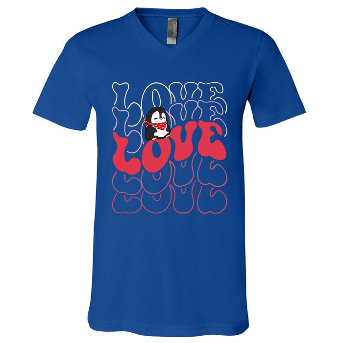 Funny Penguin Love Groovy Style Heart Valentines Day Love Gift V-Neck T-Shirt