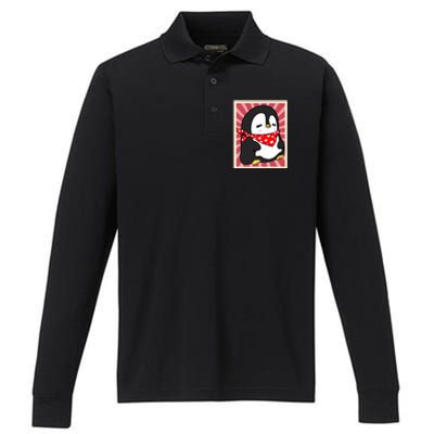 Funny Penguin Lovers Poster Style Heart Valentines Day Love Funny Gift Performance Long Sleeve Polo