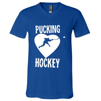 Funny Pucking Love Hockey Adult Novelty Player Fan Gift V-Neck T-Shirt