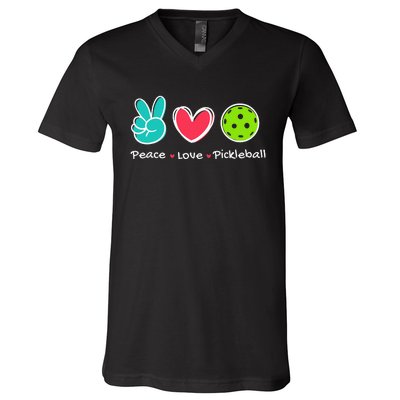 Funny Peace Love Pickleball Court Play Loves Pickleball V-Neck T-Shirt