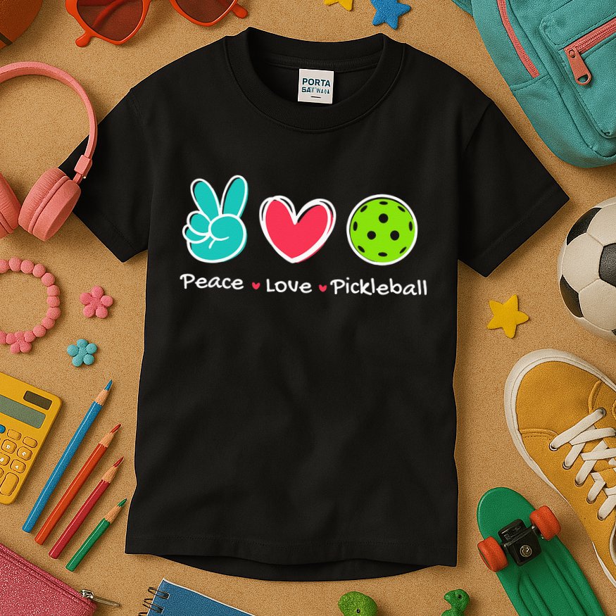 Funny Peace Love Pickleball Court Play Loves Pickleball Kids T-Shirt