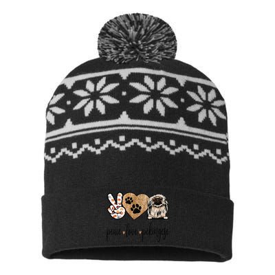 Funny Peace Love Pekingese Dog Lover USA-Made Snowflake Beanie