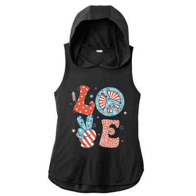 Funny Peace Love America Us Flag Retro Groovy 4th Of July Ladies PosiCharge Tri-Blend Wicking Draft Hoodie Tank