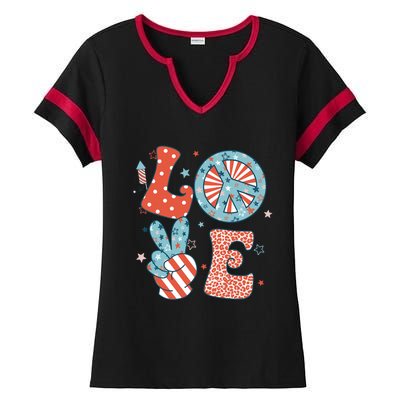 Funny Peace Love America Us Flag Retro Groovy 4th Of July Ladies Halftime Notch Neck Tee