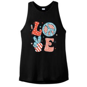 Funny Peace Love America Us Flag Retro Groovy 4th Of July Ladies PosiCharge Tri-Blend Wicking Tank