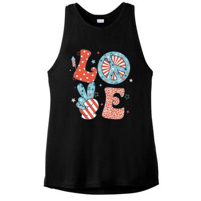 Funny Peace Love America Us Flag Retro Groovy 4th Of July Ladies PosiCharge Tri-Blend Wicking Tank