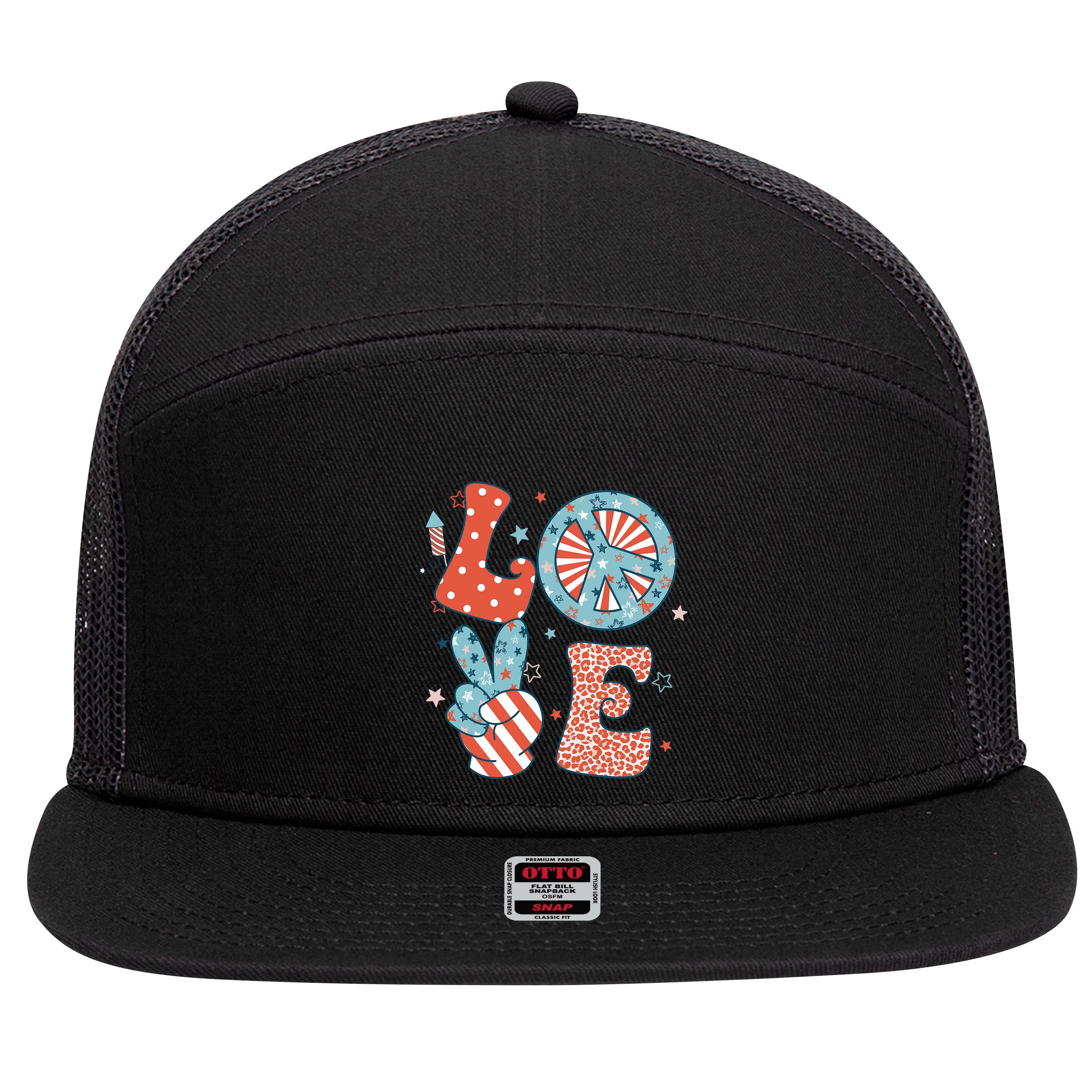 Funny Peace Love America Us Flag Retro Groovy 4th Of July 7 Panel Mesh Trucker Snapback Hat