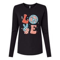 Funny Peace Love America Us Flag Retro Groovy 4th Of July Womens Cotton Relaxed Long Sleeve T-Shirt