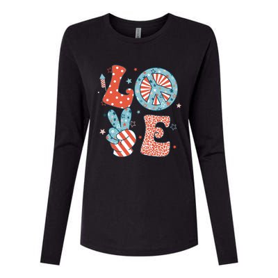 Funny Peace Love America Us Flag Retro Groovy 4th Of July Womens Cotton Relaxed Long Sleeve T-Shirt