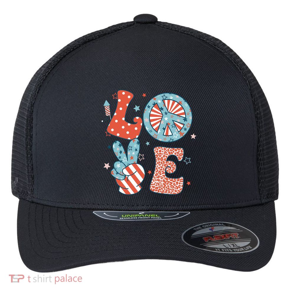 Funny Peace Love America Us Flag Retro Groovy 4th Of July Flexfit Unipanel Trucker Cap