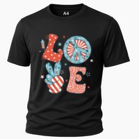 Funny Peace Love America Us Flag Retro Groovy 4th Of July Cooling Performance Crew T-Shirt