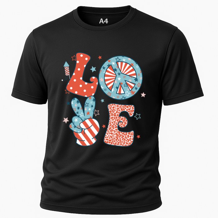 Funny Peace Love America Us Flag Retro Groovy 4th Of July Cooling Performance Crew T-Shirt