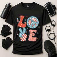 Funny Peace Love America Us Flag Retro Groovy 4th Of July Cooling Performance Crew T-Shirt