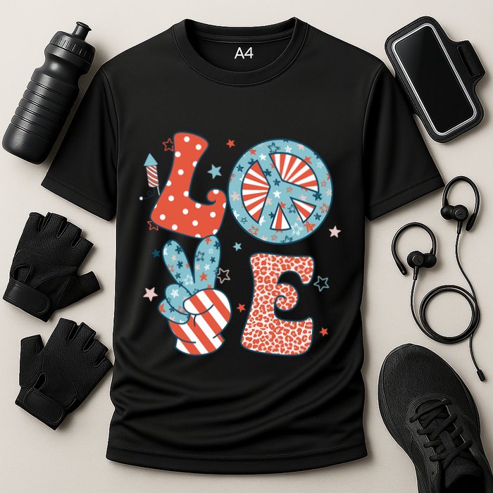 Funny Peace Love America Us Flag Retro Groovy 4th Of July Cooling Performance Crew T-Shirt