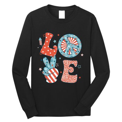 Funny Peace Love America Us Flag Retro Groovy 4th Of July Long Sleeve Shirt