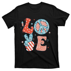 Funny Peace Love America Us Flag Retro Groovy 4th Of July T-Shirt