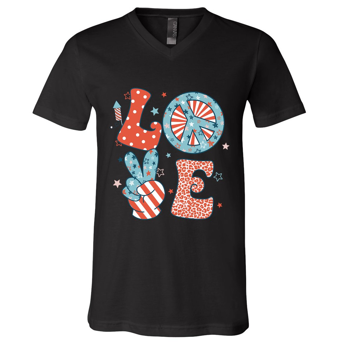 Funny Peace Love America Us Flag Retro Groovy 4th Of July V-Neck T-Shirt