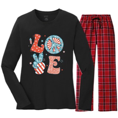 Funny Peace Love America Us Flag Retro Groovy 4th Of July Women's Long Sleeve Flannel Pajama Set 