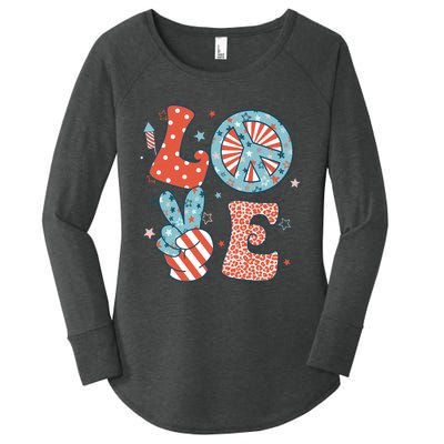 Funny Peace Love America Us Flag Retro Groovy 4th Of July Women's Perfect Tri Tunic Long Sleeve Shirt