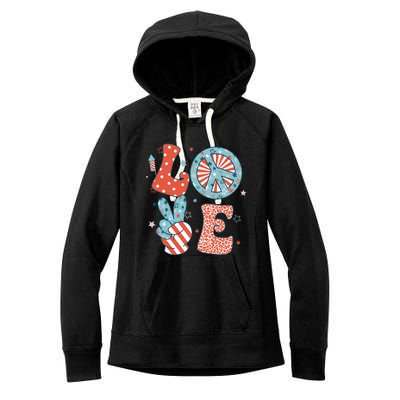 Funny Peace Love America Us Flag Retro Groovy 4th Of July Women's Fleece Hoodie