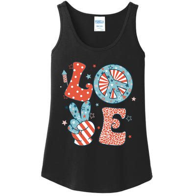 Funny Peace Love America Us Flag Retro Groovy 4th Of July Ladies Essential Tank