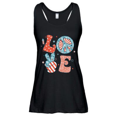 Funny Peace Love America Us Flag Retro Groovy 4th Of July Ladies Essential Flowy Tank